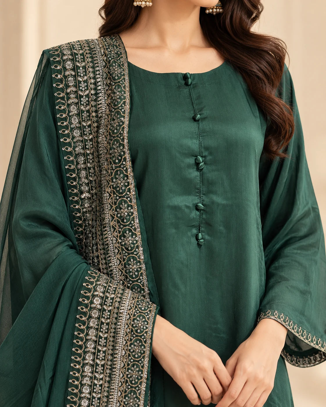 Emerald Green Embroidered 3-Piece Suit with Dupatta