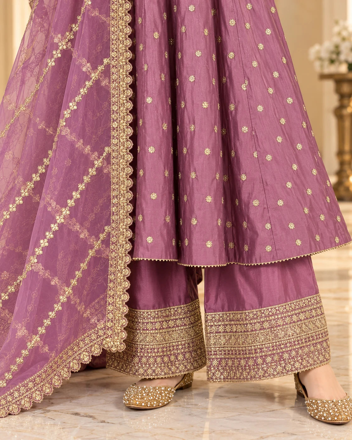 Mauve Purple Gold Embroidered 3-Piece Anarkali Suit