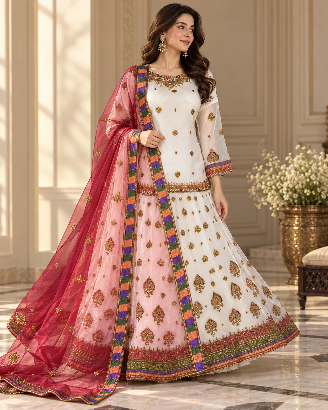 Ivory White Embroidered Lehenga Set with Rose Pink Dupatta