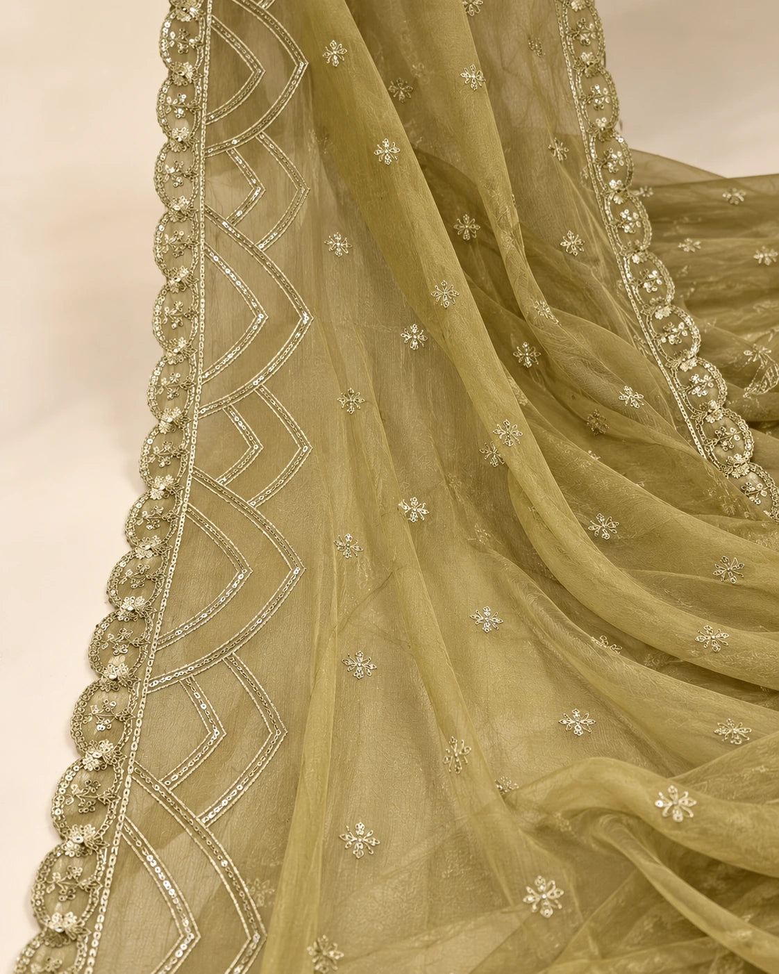Olive Gold Luxury Embroidered 3-Piece Suit with Cutwork Detailing
