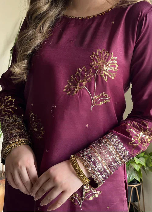Royal Purple Elegance - 3PC Embroidered Silk Kurta Set