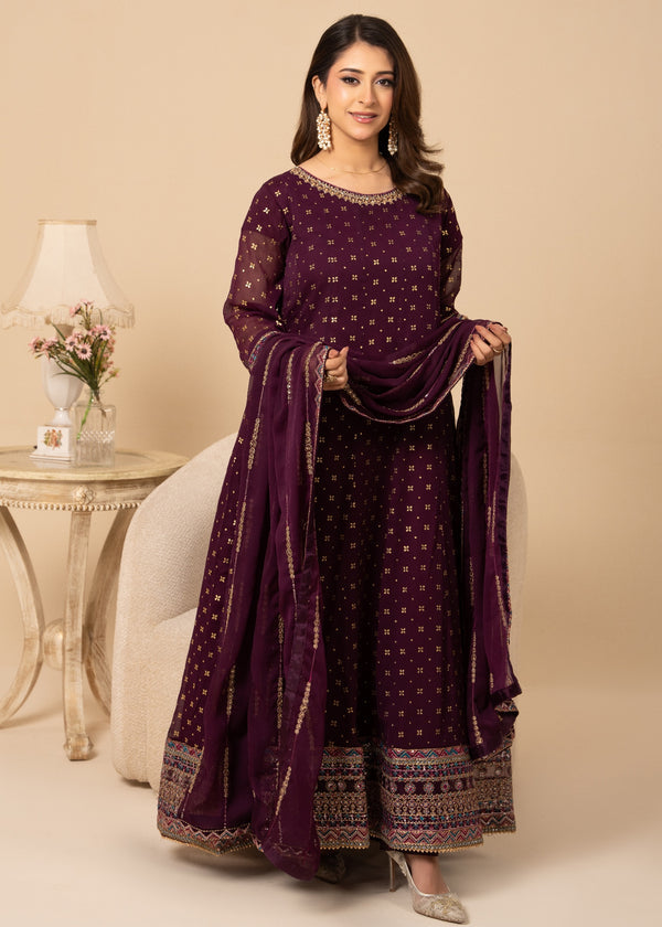 Noir & Noor Chiffon Flared Maxi | Deep Plum | 3 Piece Suit
