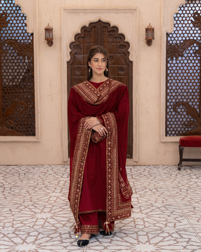 Mahroon Premium 3-Piece Stitched Suit (Ready to Wear)