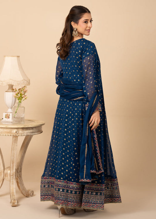 Noir & Noor Chiffon Flared Maxi | Bolt Blue | 3 Piece Suit