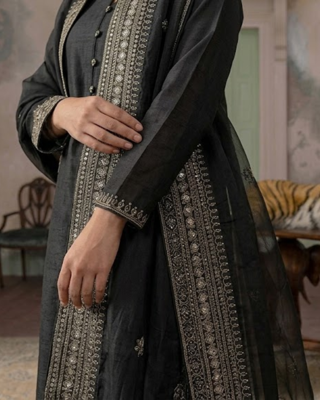 Noir & Noor | Black 3 Piece Suit with Silver Zari Embroidery and Sheer Dupatta