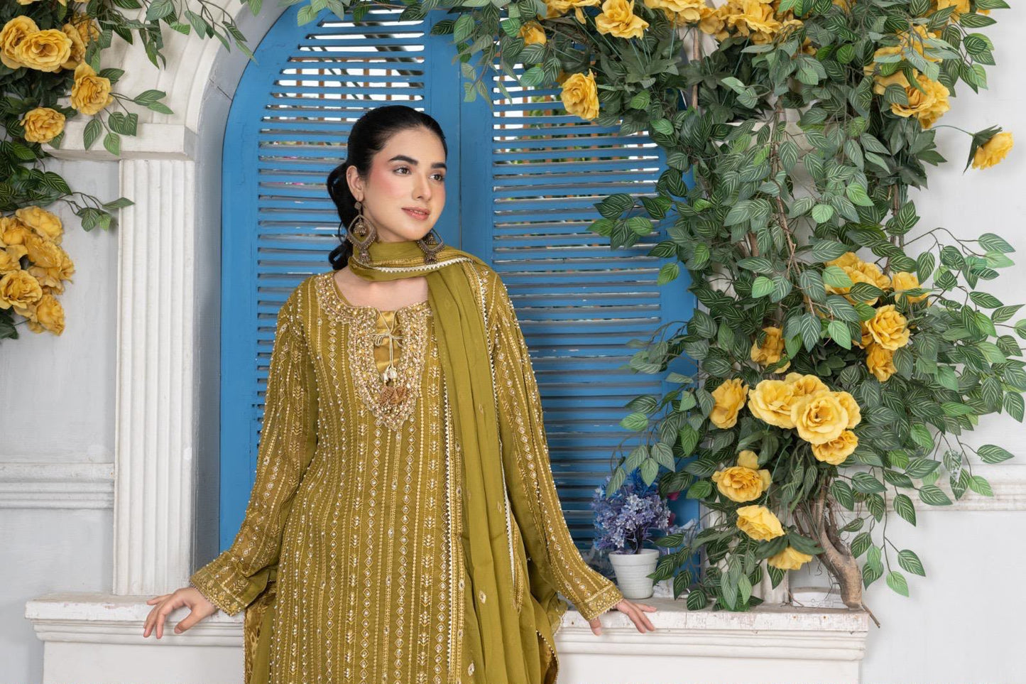 Mehndi Green Embellished Chiffon Sharara Suit | 3 Piece Set