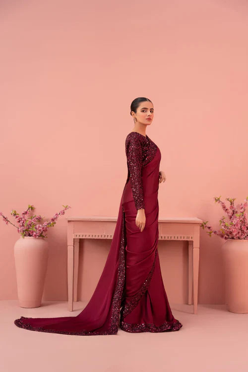 Elegant Maroon Silk Saree – 3-Piece Embellished Ensemble