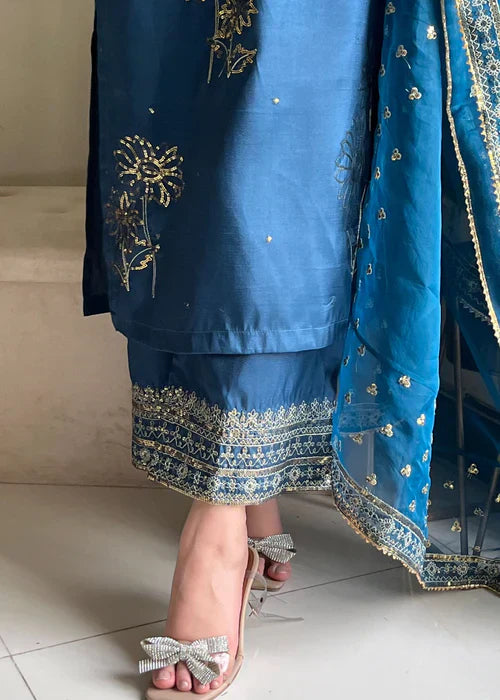 Teal Elegance - 3PC Embroidered Silk Kurta Set