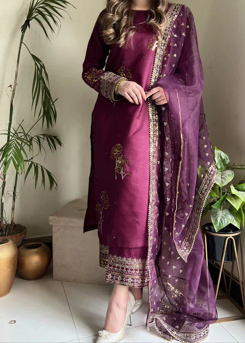 Royal Purple Elegance - 3PC Embroidered Silk Kurta Set