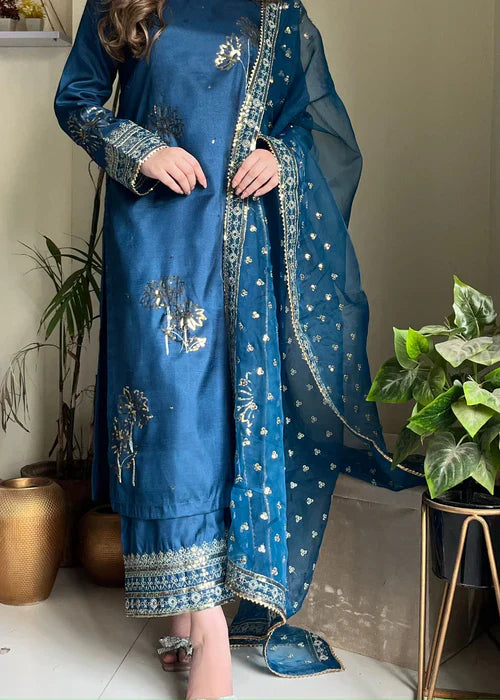 Teal Elegance - 3PC Embroidered Silk Kurta Set