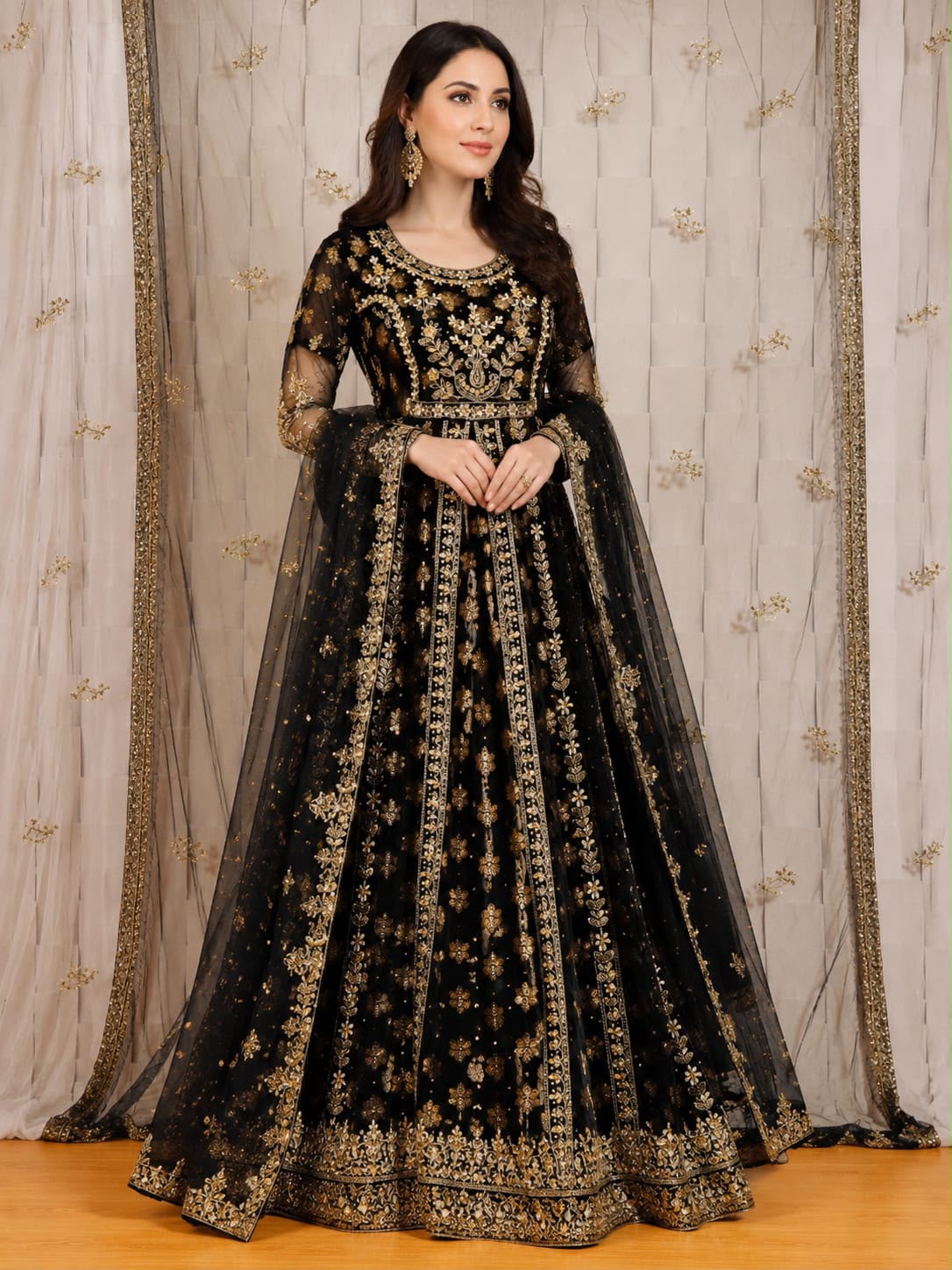 Indian Gown Style Maxi – Premium Net Heavy Embroidered Dress with Dupatta