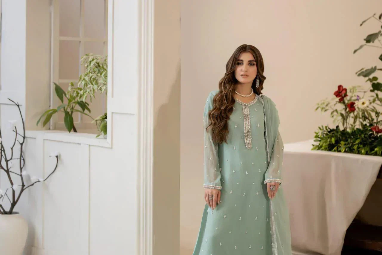 White Pearl 3PC Chiffon Kurta Set β Elegant Festive Ensemble