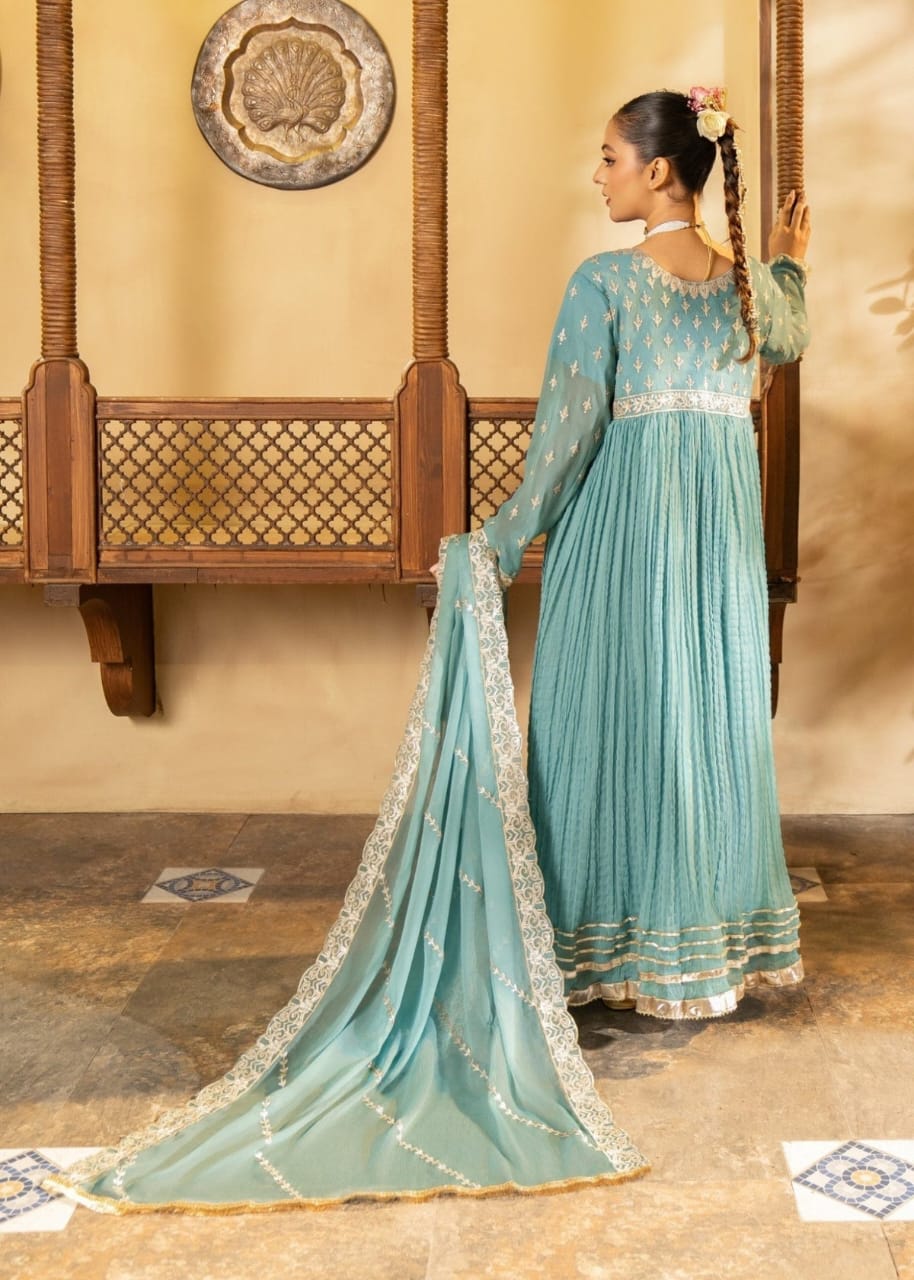 Ice Blue Chiffon frock with Adda Work – 3 Piece Festive Ensemble