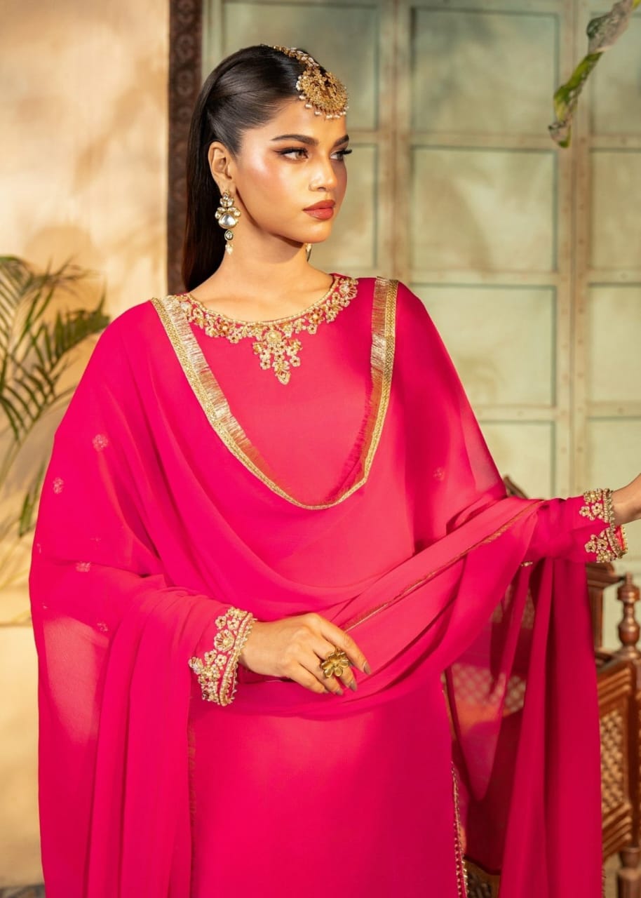 Pink Chiffon Kurta Set – 3 Piece Festive Ensemble with Adda Work