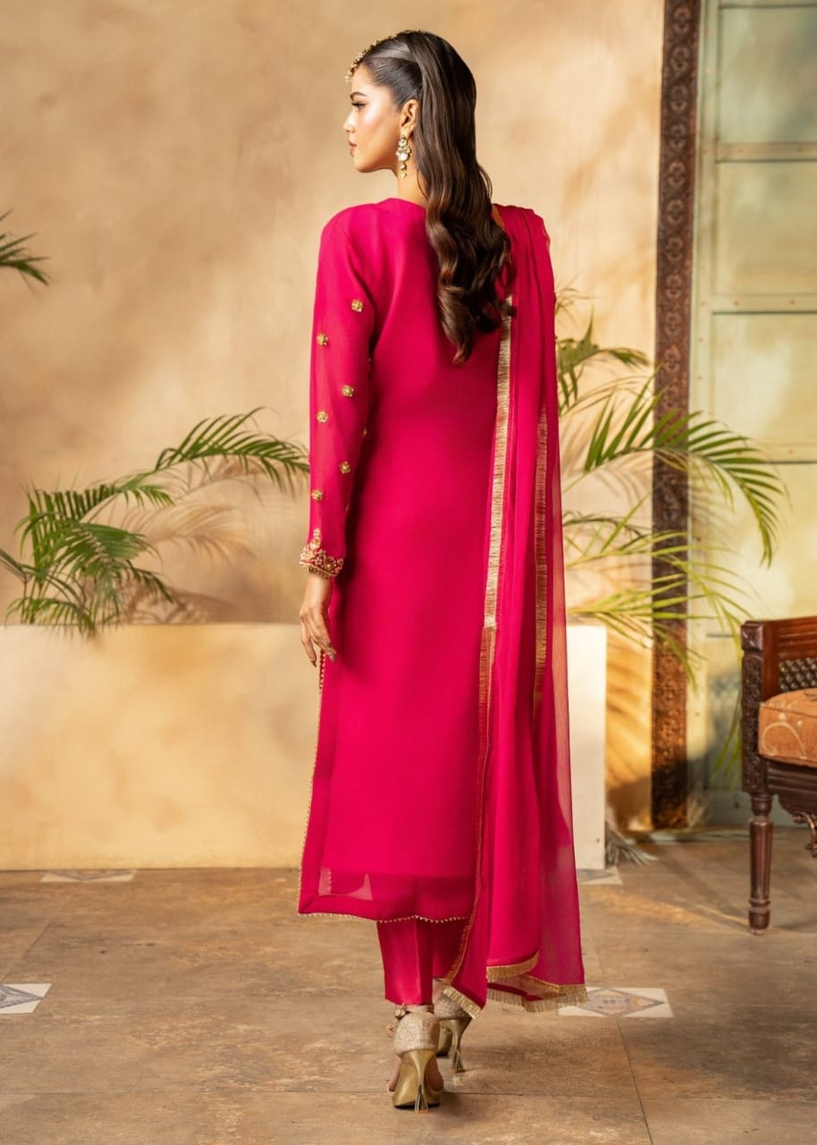 Pink Chiffon Kurta Set – 3 Piece Festive Ensemble with Adda Work