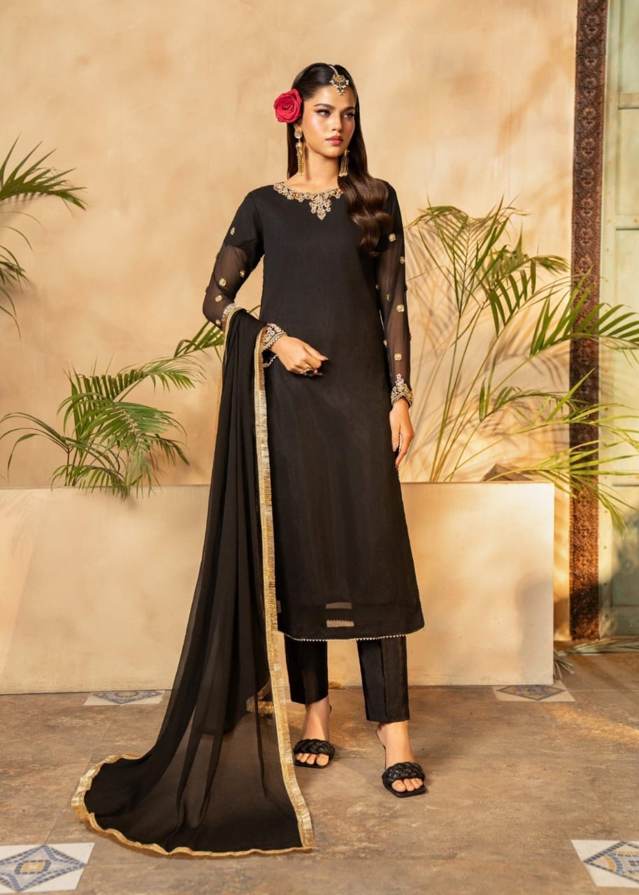 Black Chiffon Kurta Set – 3 Piece Festive Ensemble with Adda Work