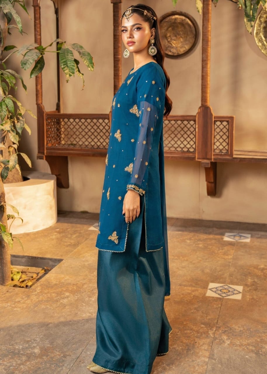 Premium Handcrafted Chiffon Suit with Plazo – Sheer Elegance