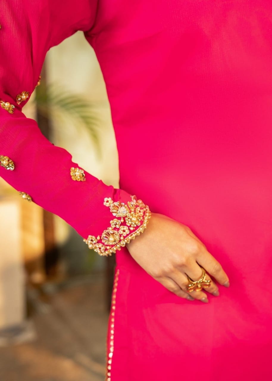 Pink Chiffon Kurta Set – 3 Piece Festive Ensemble with Adda Work