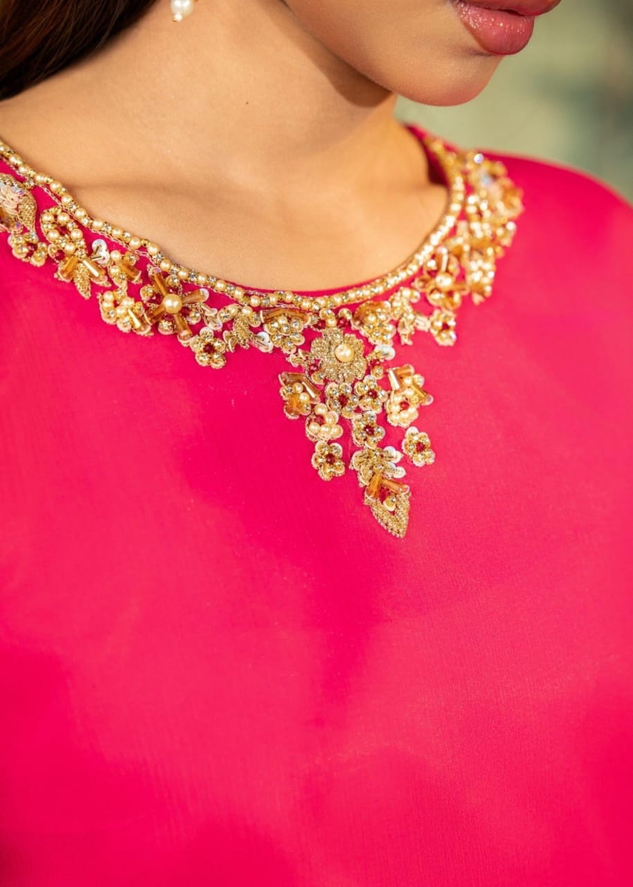 Pink Chiffon Kurta Set – 3 Piece Festive Ensemble with Adda Work