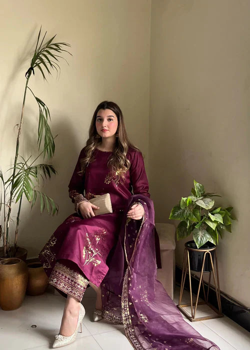 Royal Purple Elegance - 3PC Embroidered Silk Kurta Set