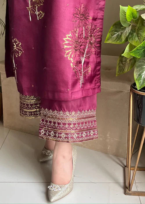 Royal Purple Elegance - 3PC Embroidered Silk Kurta Set