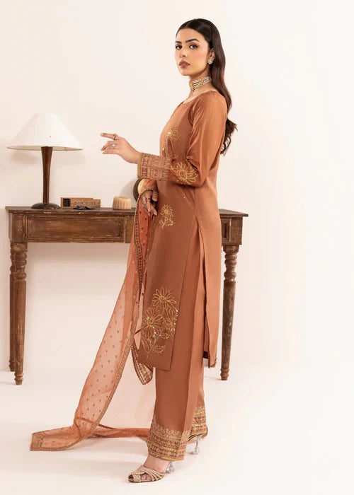 Rust Radiance - 3PC Embroidered Silk Kurta Set
