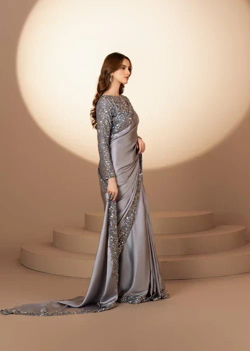 Elegant Grey Sequin Saree – 3-Piece Festive & Party Wear