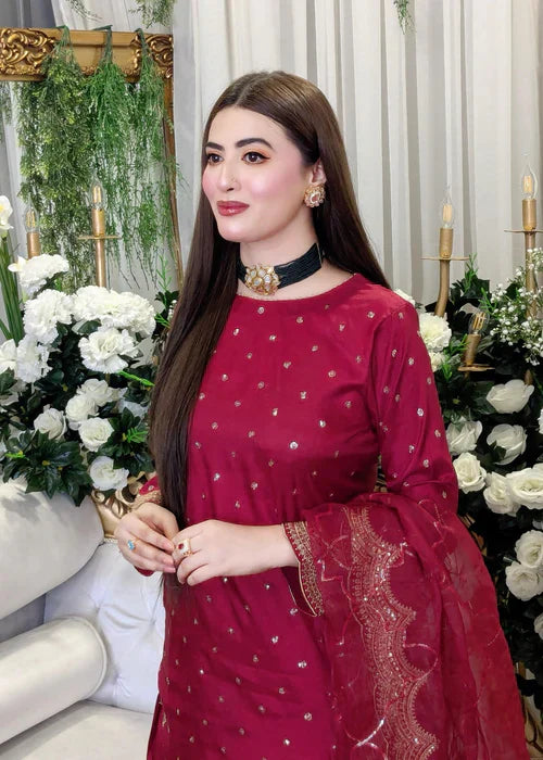 Maroon Elegance – 3PC Embroidered Silk Kurta Set