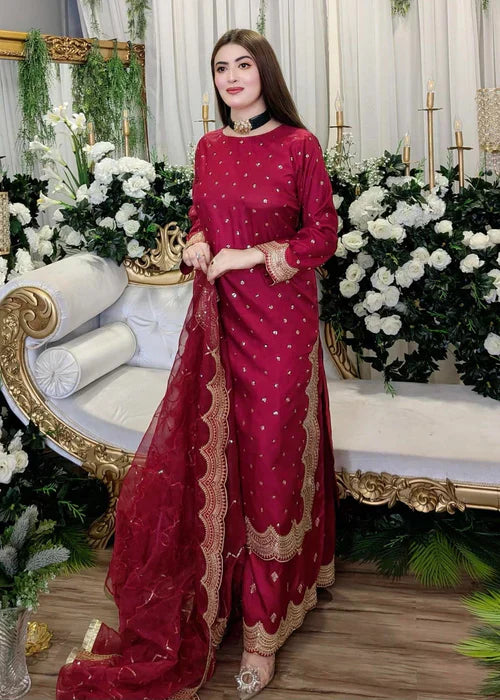 Maroon Elegance – 3PC Embroidered Silk Kurta Set