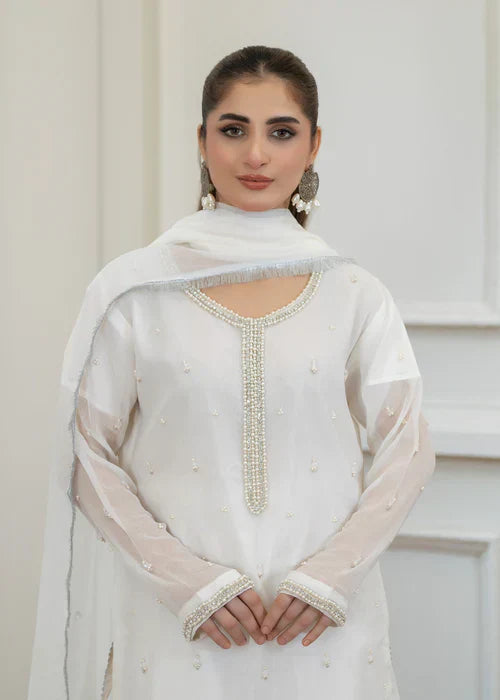 White Pearl 3PC Chiffon Kurta Set β Elegant Festive Ensemble