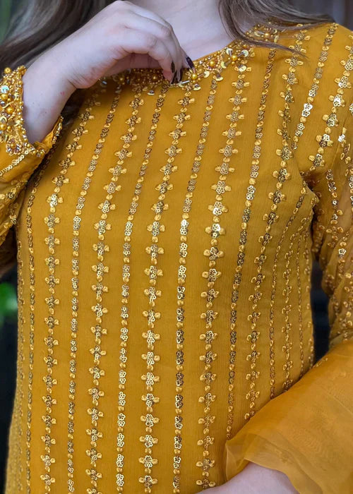 Mustard Elegance - 3PC Embroidered Chiffon Kurta Set