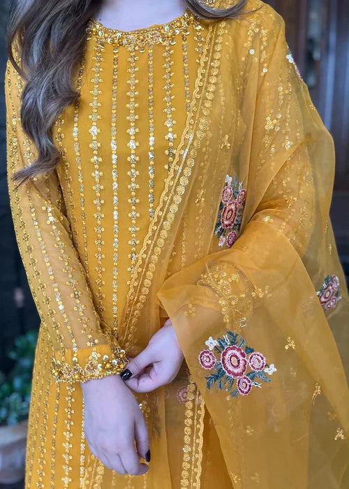 Mustard Elegance - 3PC Embroidered Chiffon Kurta Set