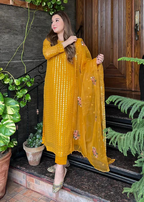 Mustard Elegance - 3PC Embroidered Chiffon Kurta Set