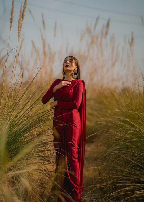 Elegant Cherry Red Silk Saree with Boat Neck Blouse – Festive Wear