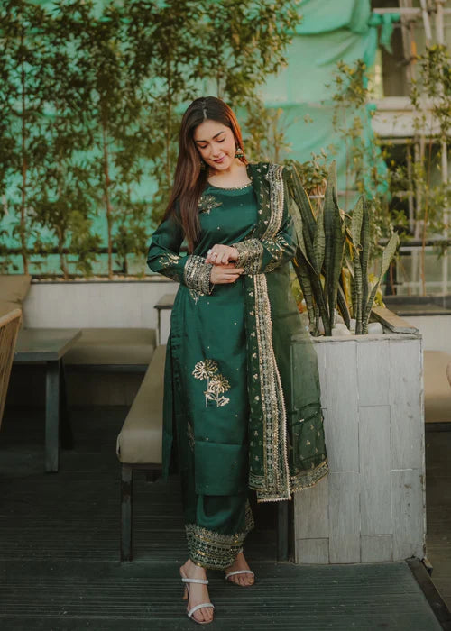 Bottle Green Elegance - 3PC Embroidered Silk Kurta Set