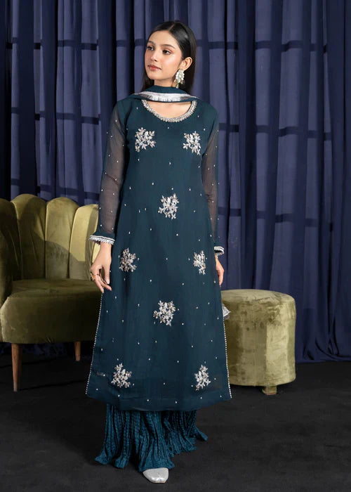 Teal Majesty - 3PC Adda Work Sharara Set
