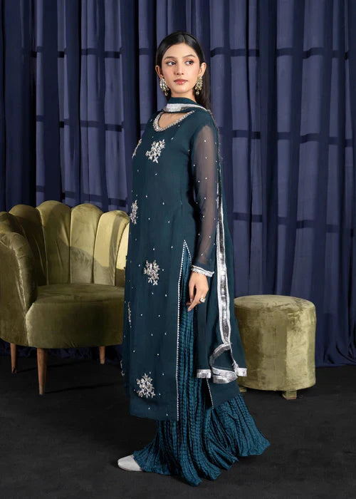 Teal Majesty - 3PC Adda Work Sharara Set
