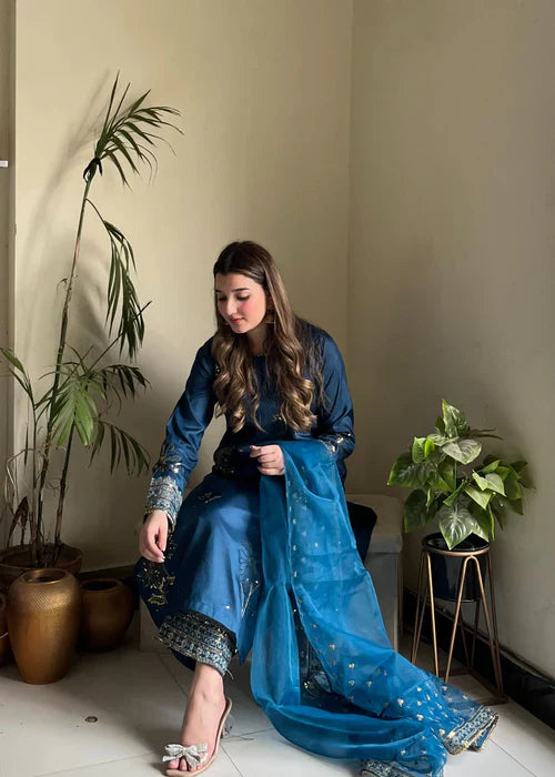 Teal Elegance - 3PC Embroidered Silk Kurta Set