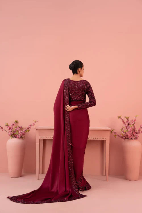 Elegant Maroon Silk Saree – 3-Piece Embellished Ensemble