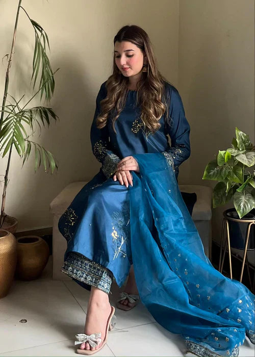 Teal Elegance - 3PC Embroidered Silk Kurta Set