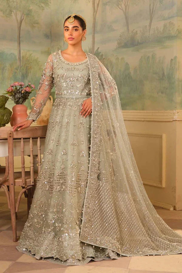 Elegant light silver embroidered formal outfit with flowing dupatta from SHE International's Wedding Collection.