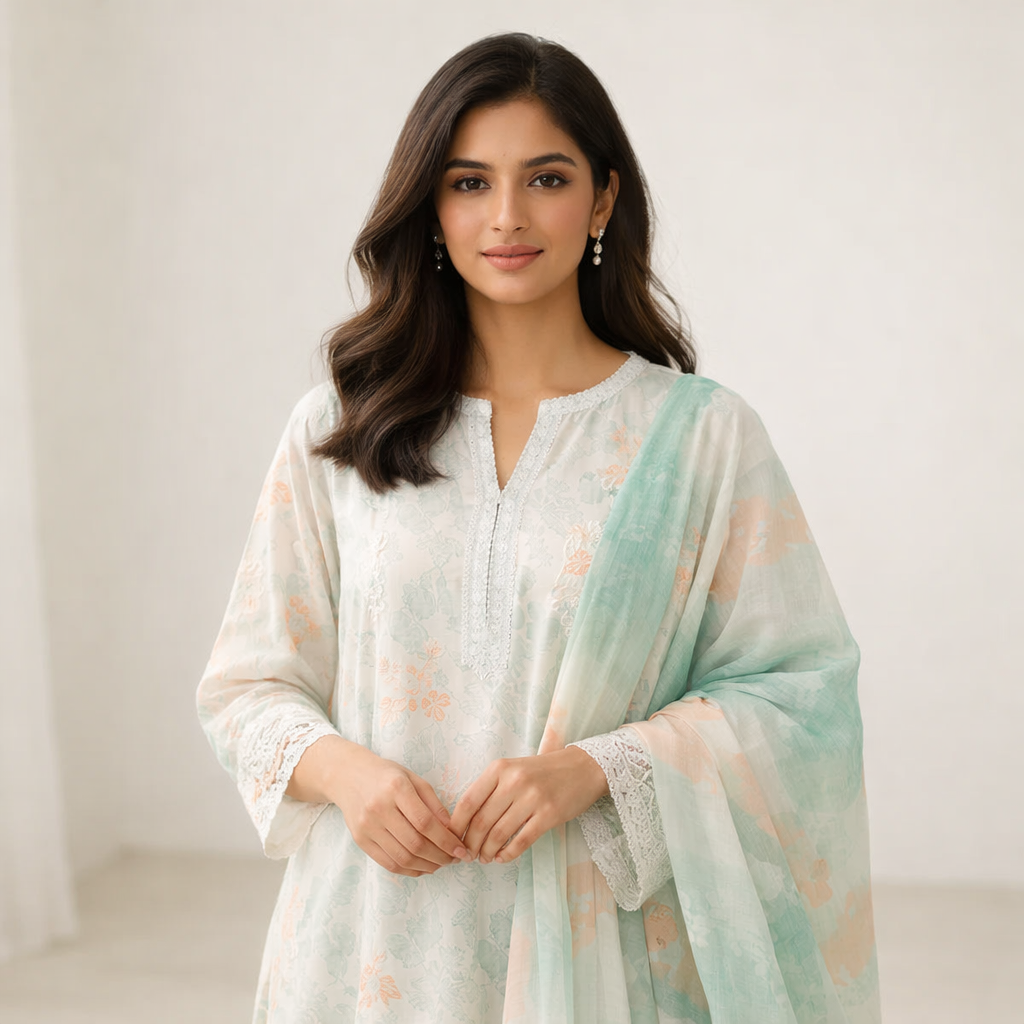 Comfortable and stylish daily wear Pakistani lawn suit with contemporary floral print