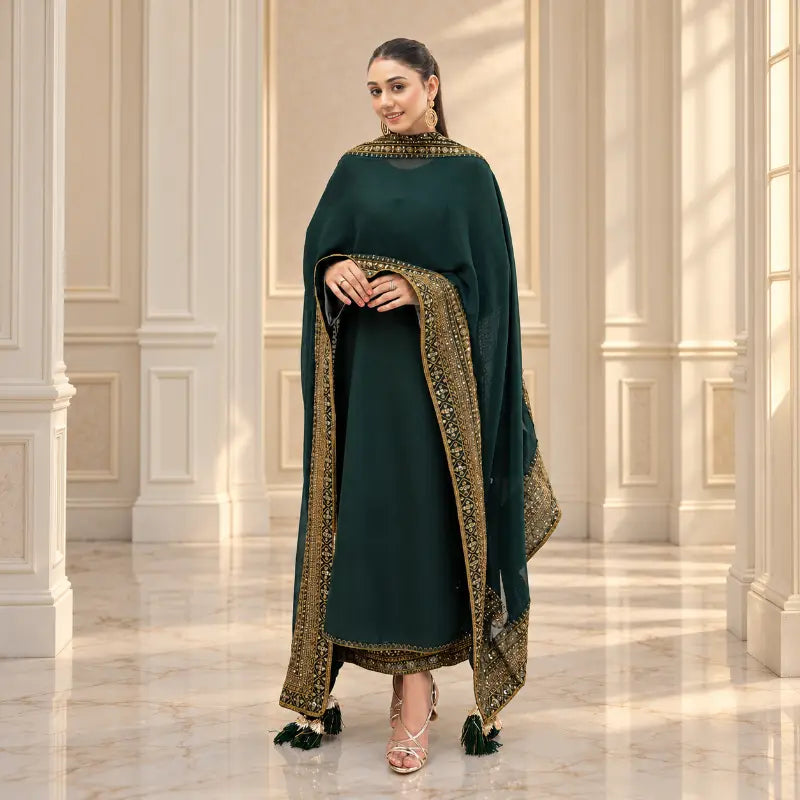 Peach-colored Pakistani women's casual suit with matching dupatta from SHE International.