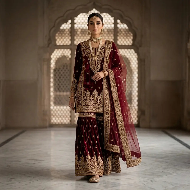 Traditional maroon and gold embroidered gharara suit for wedding festivities.