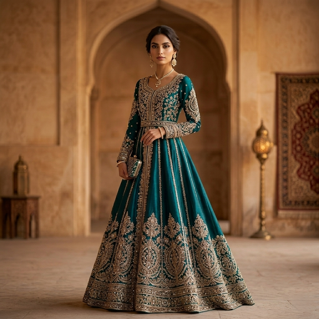 Heavy hand-embroidered fancy formal dress with Zardozi work for festive events.