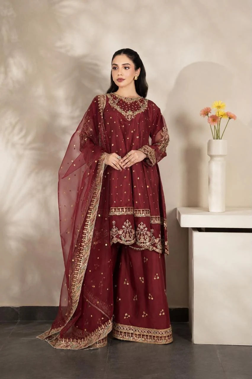 Maroon Elegance – Luxury Embroidered 3-Piece Plazzo Shalwar Suit