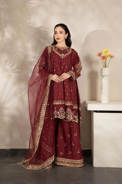 Maroon Elegance – Luxury Embroidered 3-Piece Plazzo Shalwar Suit