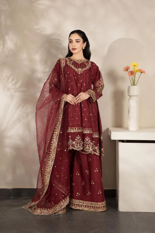 Maroon Elegance – Luxury Embroidered 3-Piece Plazzo Shalwar Suit