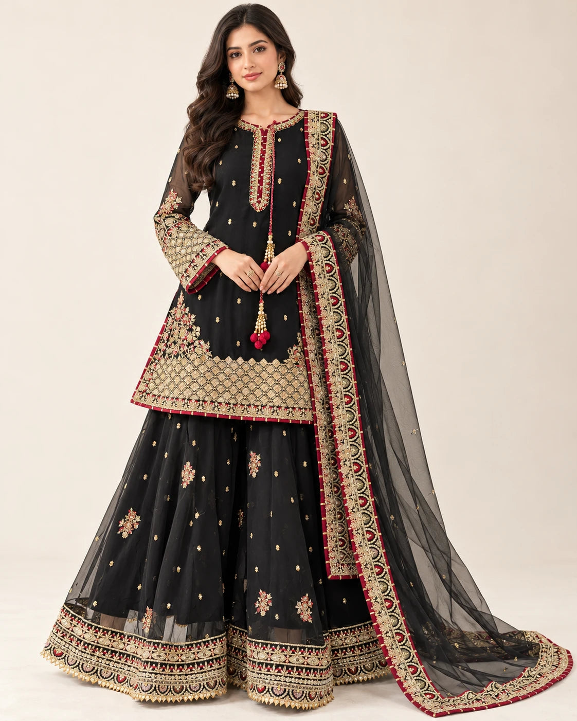 SHE International black and gold embroidered 3-piece sharara suit with maroon accents and net dupatta