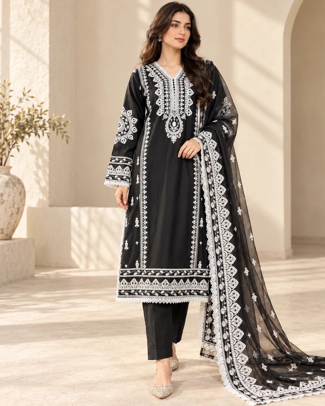 Noir Elegance – Black & White Embroidered 3-Piece Suit